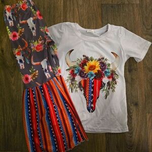 Floral Bull Graphic Tee and Striped Pants Set